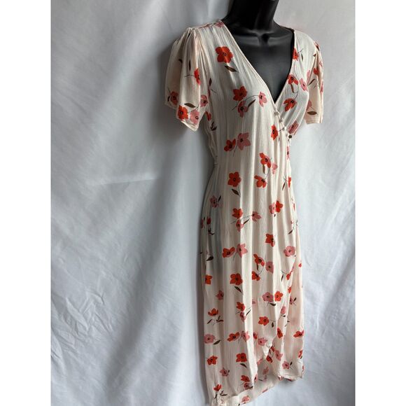 Billabong Wrap Floral Fields Midi Dress Sze XS Cream Red Flowers Prairie Cottage - Picture 5 of 11